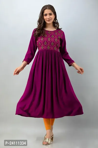 Elegant Magenta Viscose Rayon Embroidered Kurta For Women-thumb0