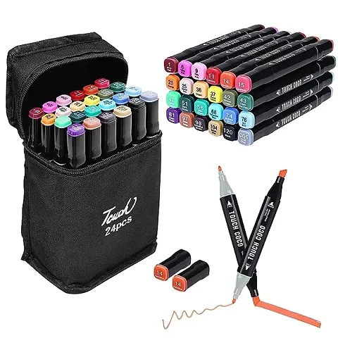 24Pcs Dual Tip Art Markers With Carrying Case For Painting Sketching Calligraphy Drawing