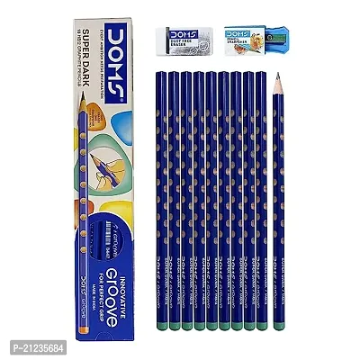 Doms Groove HB 2 Super Dark Graphite Pencil Box Pack   Innovative Groove For Perfect Grip   Free Eraser   Sharpner Inside   Pack of 10 Pencils