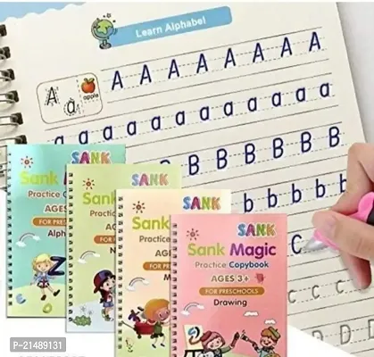 Magic Practice Copy Book for Pre-School Kids, Re-Usable Drawing, Alphabet, Numbers and Math Exercise , English Magic Book for Children (4 book +10 rifil +1 pen + 1 gripholder)-thumb0