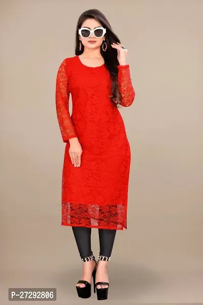 Stylish Red Net Embroidered Straight Kurta For Women-thumb0
