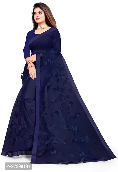 Elegant Navy Blue Net Applique Bollywood Saree with Blouse piece-thumb3