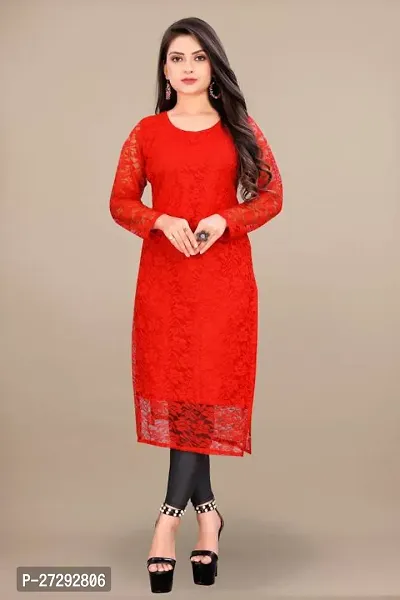 Stylish Red Net Embroidered Straight Kurta For Women-thumb3