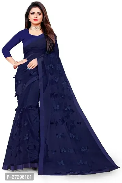 Elegant Navy Blue Net Applique Bollywood Saree with Blouse piece-thumb0