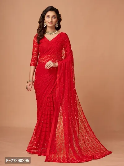 Elegant Red Net Self Pattern Daily Wear Saree with Blouse piece