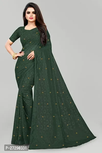 Elegant Green Net Embroidered Daily Wear Saree with Blouse piece