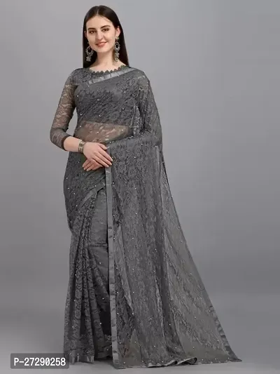 Elegant Grey Net Embellished Bollywood Saree with Blouse piece-thumb0