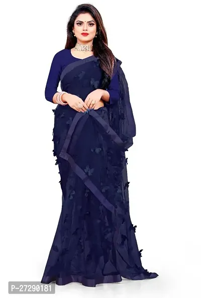 Elegant Navy Blue Net Applique Bollywood Saree with Blouse piece-thumb4