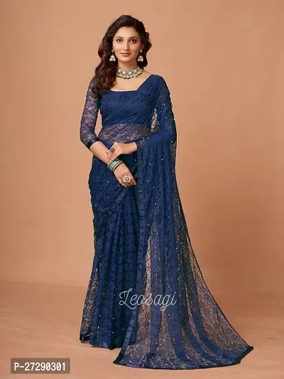Elegant Navy Blue Net Embellished Bollywood Saree with Blouse piece-thumb0
