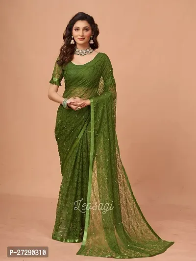 Elegant Green Net Embellished Bollywood Saree with Blouse piece-thumb0