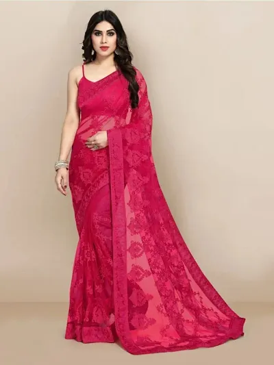 Stunning Net Embroidered Sarees With Blouse Piece
