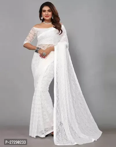 Elegant White Brasso Self Pattern Bollywood Saree with Blouse piece-thumb0