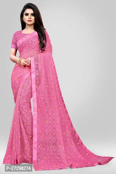 Elegant Pink Net Self Pattern Daily Wear Saree with Blouse piece-thumb0