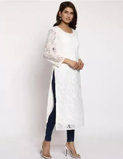 Stylish White Net Embroidered Straight Kurta For Women