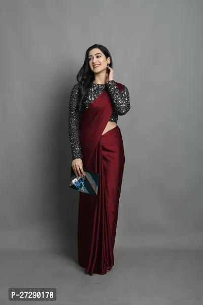 Elegant Maroon Silk Blend Solid Bollywood Saree with Blouse piece-thumb3