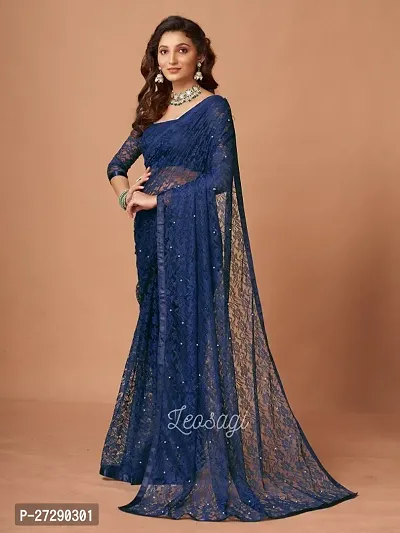 Elegant Navy Blue Net Embellished Bollywood Saree with Blouse piece-thumb4
