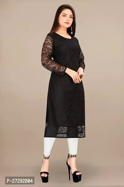 Stylish Black Net Embroidered Straight Kurta For Women-thumb0