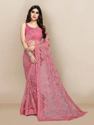 Embroidered Chikankari Net Saree with Blouse Piece