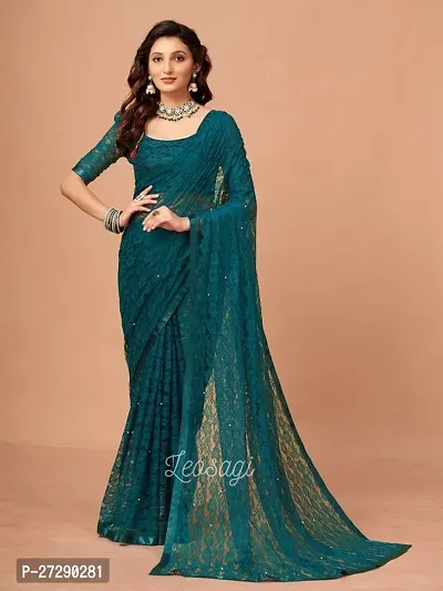 Elegant Green Net Embellished Bollywood Saree with Blouse piece