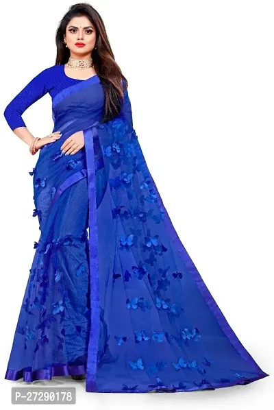Elegant Blue Net Applique Bollywood Saree with Blouse piece
