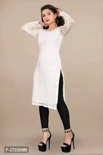 Stylish White Net Embroidered Straight Kurta For Women