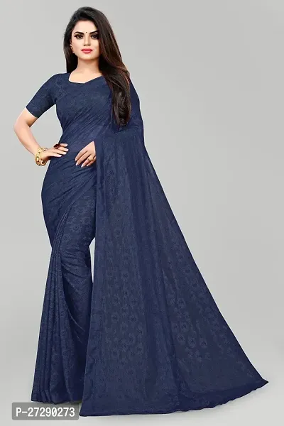 Elegant Navy Blue Net Self Pattern Bollywood Saree with Blouse piece-thumb0