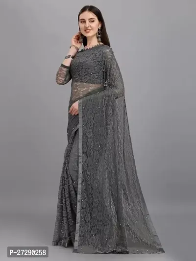 Elegant Grey Net Embellished Bollywood Saree with Blouse piece-thumb2