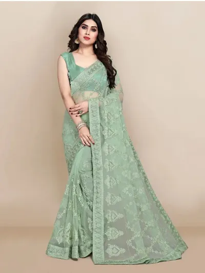 Vivera Women's Jaal Net Saree With Blouse Piece (5324_2_Green)