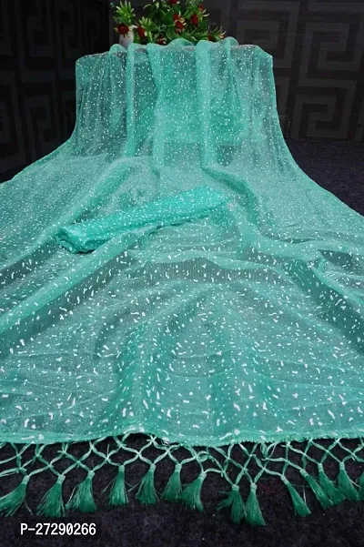 Elegant Turquoise Net Embellished Bollywood Saree with Blouse piece