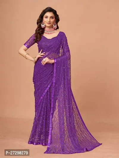 Elegant Purple Net Embellished Daily Wear Saree with Blouse piece