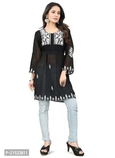 DHARMA SHOP Women's Georgette Fit  Flare White Embroidery Top (Black,XL)