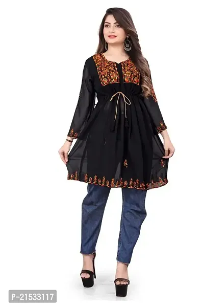 DHARMA SHOP Women's Georgette Fit  Flare Rainbow Embroidery Top (Black,S)