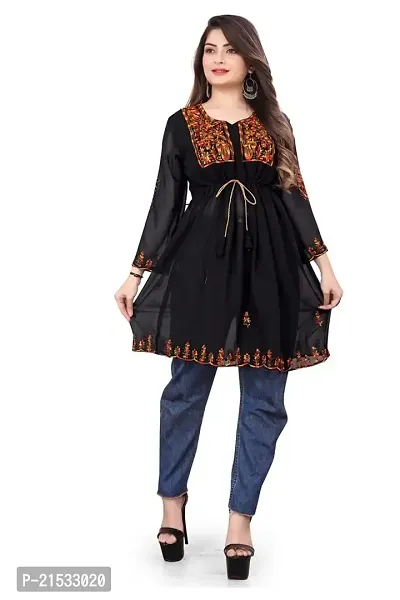 DHARMA SHOP Women's Georgette Fit  Flare Rainbow Embroidery Top (Black,M)