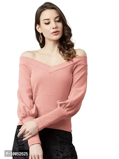 Stylish Fancy Polyester Solid Puff Sleeves- V-Neck Top For Women