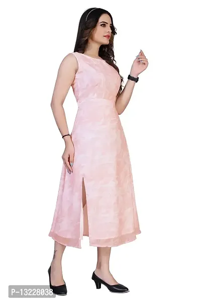 Mrutbaa Women's Wear Peach Colour Chiffon Fabric Sleevless Causal Wear Printed Dress-thumb3