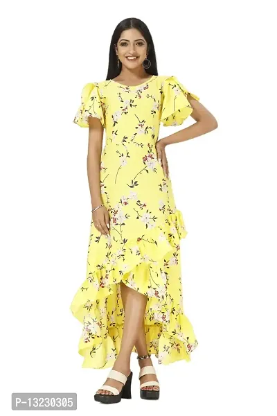 Mrutbaa Women's Wear Yellow Colour Crepe Fabric Short Sleeve Causal Wear Printed Dress_XL