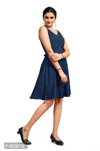 Stylish Crepe Navy Blue Polka Dot Print V Neck Sleeveless Dress For Women-thumb3