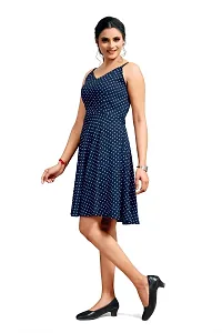 Stylish Crepe Navy Blue Polka Dot Print V Neck Sleeveless Dress For Women-thumb1