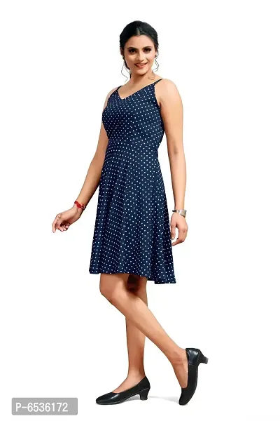 Stylish Crepe Navy Blue Polka Dot Print V Neck Sleeveless Dress For Women-thumb2