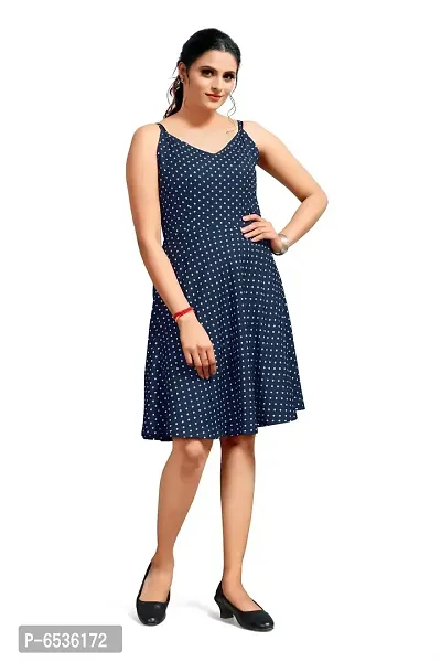 Stylish Crepe Navy Blue Polka Dot Print V Neck Sleeveless Dress For Women-thumb0