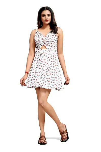 Stylish Crepe Floral Print V Neck Sleeveless Dress For Women