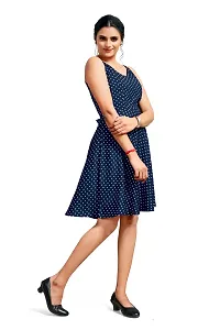 Stylish Crepe Navy Blue Polka Dot Print V Neck Sleeveless Dress For Women-thumb3