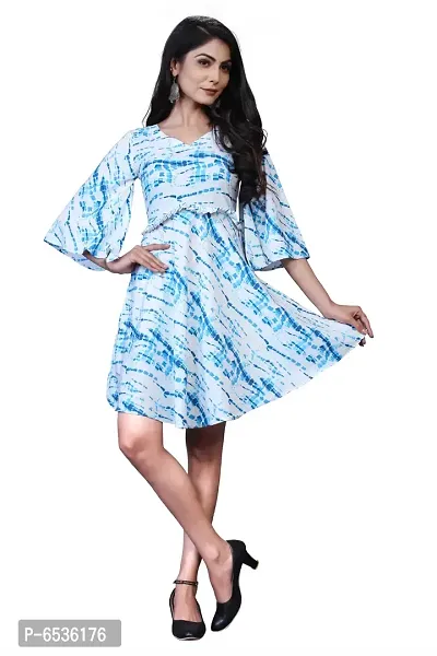 Stylish Crepe Turquoise Leheriya Printed V Neck Flared Sleeve Dress For Women