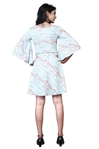 Stylish Crepe Turquoise Leheriya Printed V Neck Flared Sleeve Dress For Women-thumb3