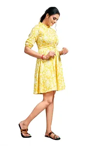 Stylish Polyester Yellow Ethnic Motifs Collared Neck 3/4 Sleeve Dress For Women-thumb2