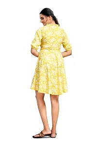 Stylish Polyester Yellow Ethnic Motifs Collared Neck 3/4 Sleeve Dress For Women-thumb3