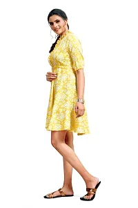 Stylish Polyester Yellow Ethnic Motifs Collared Neck 3/4 Sleeve Dress For Women-thumb1