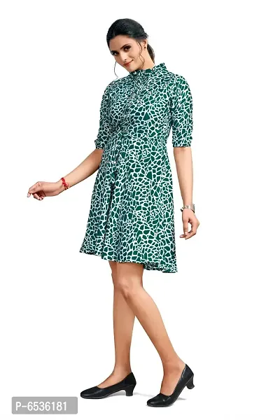 Stylish Polyester Green Ethnic Motifs Collared Neck 3/4 Sleeve Dress For Women