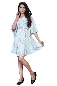 Stylish Crepe Turquoise Leheriya Printed V Neck Flared Sleeve Dress For Women-thumb1