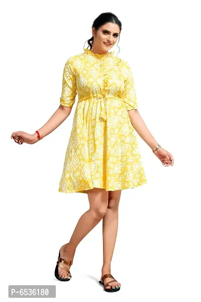 Stylish Polyester Yellow Ethnic Motifs Collared Neck 3/4 Sleeve Dress For Women